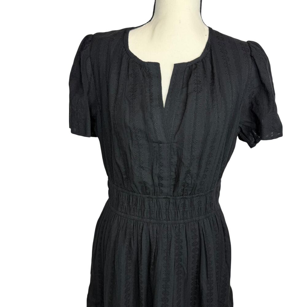 Black Midi Dress Size M Puff Sleeve Elastic Waist Casual Minimalist - Picture 3 of 7
